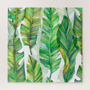 Tropische Blätter: Aquarellfarbenes, nahtloses Mus Puzzle