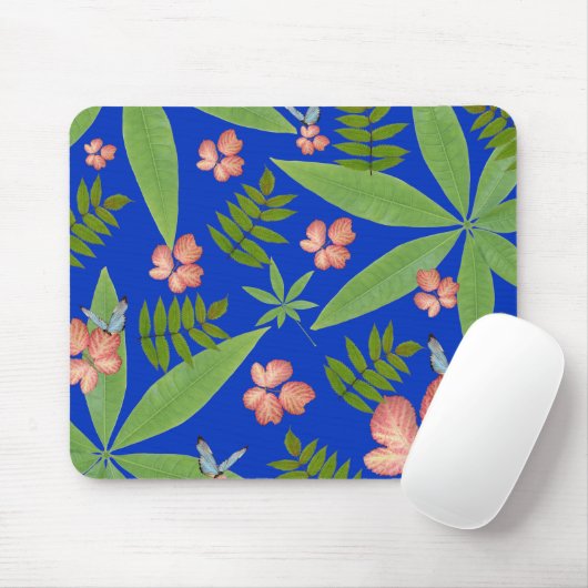 Tropische Blätter auf blau Mousepad (Mit Mouse)