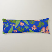 Tropische Blätter auf blau Seitenschläferkissen (Rückseite)