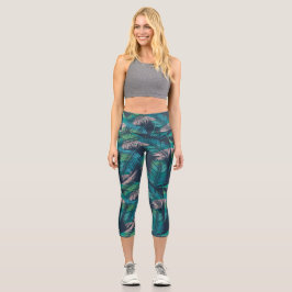 Tropische Blätter aus Palmen, bunte Botanische Fer Capri Leggings