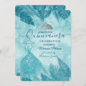 Tropische Blätter Blau bokeh tiara Quinceañera Einladung (Vorne/Hinten)