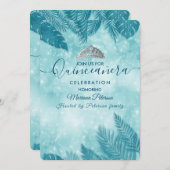 Tropische Blätter blau bokeh tiara Quinceañera Inv Einladung (Vorne/Hinten)