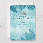Tropische Blätter blau bokeh tiara Quinceañera Inv Einladung (Vorderseite)