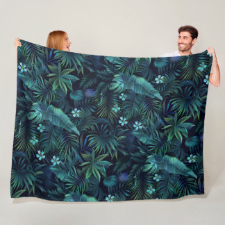Tropische Blätter Blaue Blumen Fleecedecke