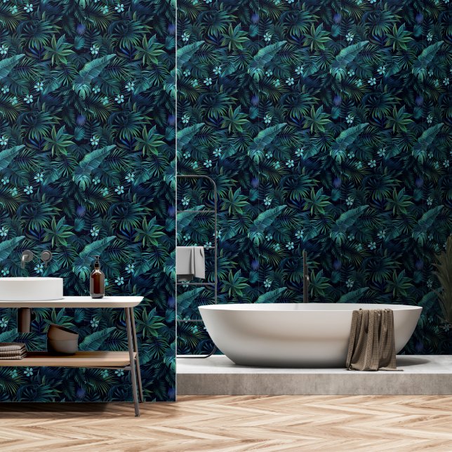 Tropische Blätter Blaue Blumen Tapete (Badezimmer)