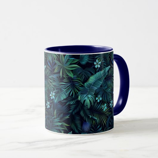 Tropische Blätter Blaue Blumen Tasse (VorderseiteRechts)