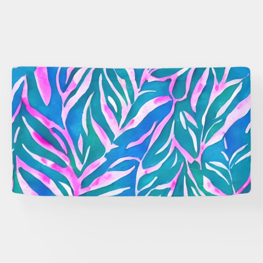 Tropische Blätter Blaurosa Muster Banner (Horizontal)