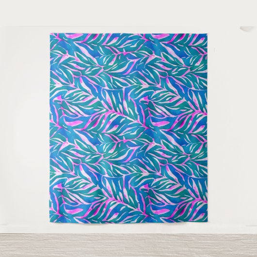 Tropische Blätter Blaurosa Muster Wandteppich (Vorderseite)
