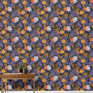 Tropische Blätter Blume Lila orange-gelb Tapete