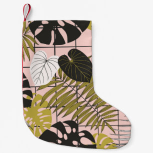 Tropische Blätter, Blumen, handgemaltes Muster. Kleiner Weihnachtsstrumpf