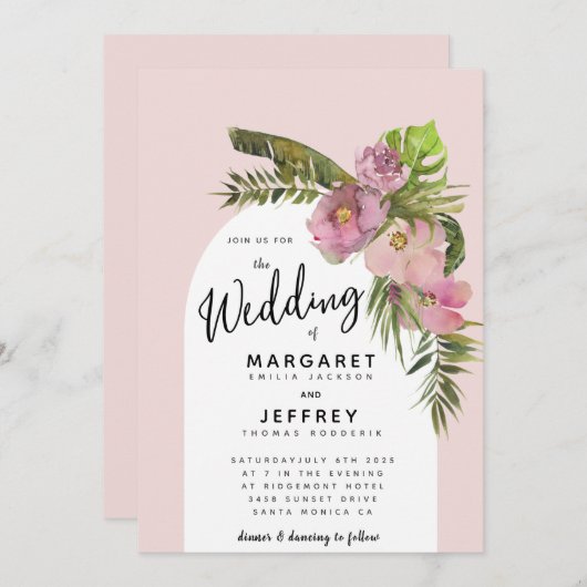 Tropische Blätter Blumendusty Rose Lila Hochzeit Einladung (Vorne/Hinten)