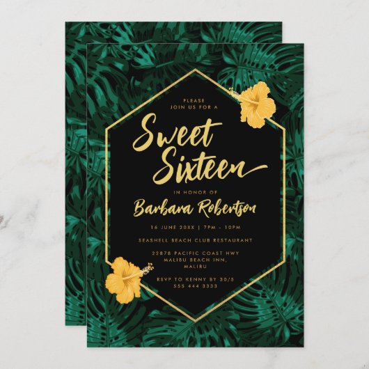 Tropische Blätter Blumengrün - 16 . Geburtstag Einladung (Vorne/Hinten)