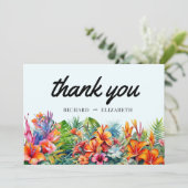 Tropische Blätter Blumenstrände Hochzeit Dankeskarte (Stehend Vorderseite)