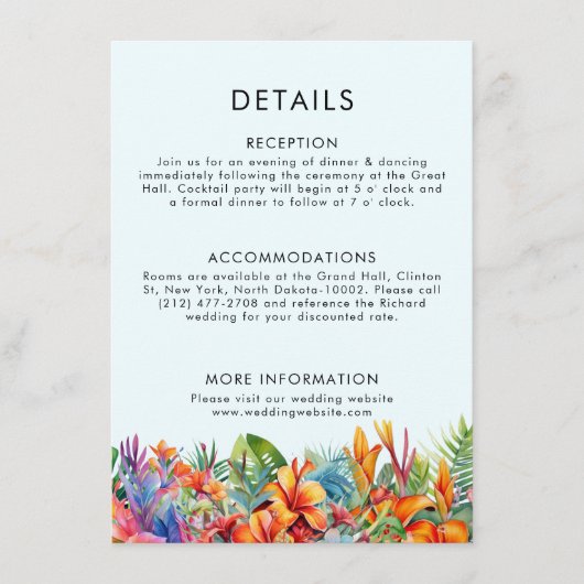 Tropische Blätter Blumenstrände Hochzeitsfeier Begleitkarte (Vorderseite)