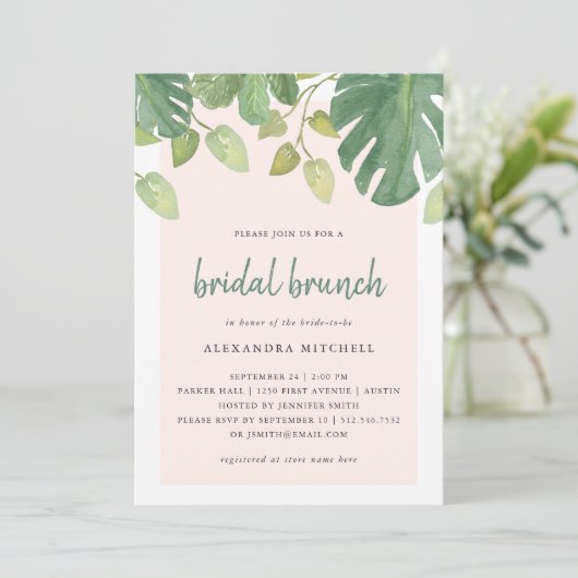 Tropische Blätter | Blush und Green Bridal Brunch Einladung (Stehend Vorderseite)