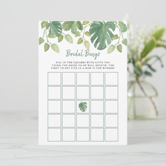 Tropische Blätter| Brautparty Bingo Game Einladung (Stehend Vorderseite)