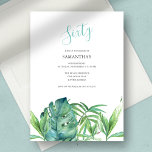 Tropische Blätter der Wasserfarbe 60. Geburtstag<br><div class="desc">Diese Outdoor-Einladung zum 60. Geburtstag enthält das Wort Sixty in einer stilvollen handgeschriebenen Schrift-Typografie mit Veranstaltungsdetails in einem klassischen kohlegrauen Serif-Schriftart auf knusprigem weißem Hintergrund. Eine Nachbildung meiner ursprünglichen Aquarellpalme und Monstera Blätter in grünen Farbtönen schmückt die Vorderseite. Die Einladungskarte kehrt zu einer kostenlosen türkisfarbenen Meeresglasfarbe zurück. Eine schicke und...</div>