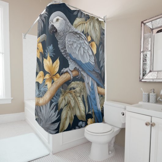 Tropische Blätter des Afrikanischen Grauen Papagei Duschvorhang (Beispiel)
