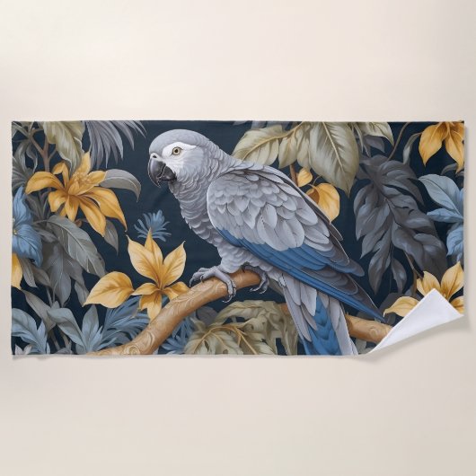 Tropische Blätter des Afrikanischen Grauen Papagei Strandtuch (Vorderseite)