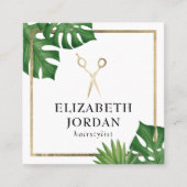 Tropische Blätter des Friseur Stylist Gold Scissor Quadratische Visitenkarte (Vorderseite)