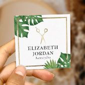 Tropische Blätter des Friseur Stylist Gold Scissor Quadratische Visitenkarte