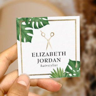 Tropische Blätter des Friseur Stylist Gold Scissor Quadratische Visitenkarte