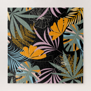 Tropische Blätter: Dunkler Vintage-Druck. Puzzle