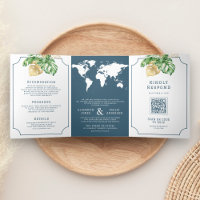 Tropische Blätter Dusty Blue World Map Hochzeit
