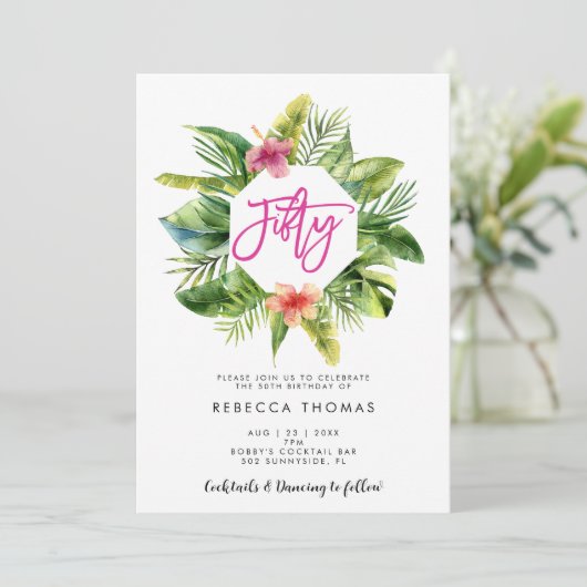 Tropische Blätter Einladung zum 50. Geburtstag (Stehend Vorderseite)