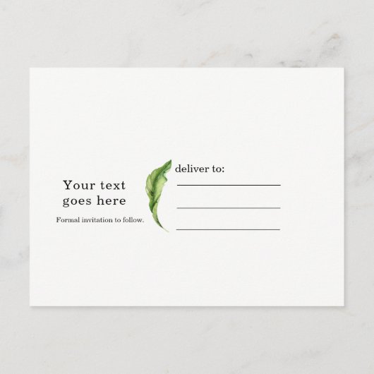 Tropische Blätter Elegante Hochzeiten Save the Dat Ankündigungspostkarte (Rückseite)