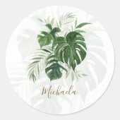 Tropische Blätter Elegante Moderne Schrift Runder Aufkleber (Vorderseite)