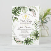 Tropische Blätter Erste Heilige Kommune Einladung (Stehend Vorderseite)