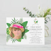 Tropische Blätter Erste Heilige Kommune Einladung (Stehend Vorderseite)