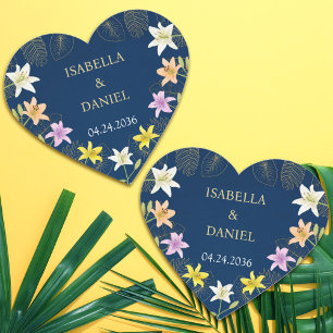 Tropische Blätter Exotic Floral Lily Blue Wedding Herz-Aufkleber
