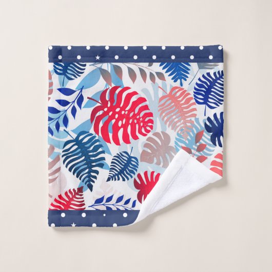 Tropische Blätter Extravagante Farbtöne Rot und Bl Badhandtuch Set (Waschlappen)