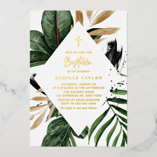 Tropische Blätter Faux Goldfolie Rahmen Taufe Folieneinladung
