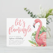 Tropische Blätter Flamingo Let's Flamingle Geburts Einladung (Stehend Vorderseite)