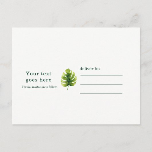 Tropische Blätter & Flamingos Hochzeit speichern d Ankündigungspostkarte (Rückseite)