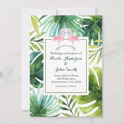 Tropische Blätter & Flamingos Hochzeiten Einladung (Vorderseite)