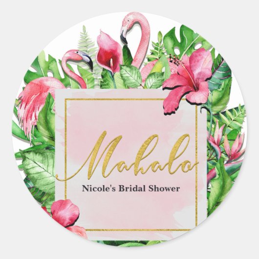 Tropische Blätter Flamingos Mahalo Danke Party Runder Aufkleber (Vorderseite)