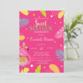 Tropische Blätter Flamingos Pink Sweet 16 Einladung (Stehend Vorderseite)