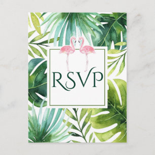Tropische Blätter & Flamingos Sommer Hochzeit RSVP Einladungspostkarte