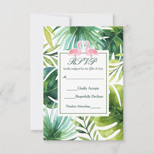 Tropische Blätter & Flamingos Sommer Hochzeit RSVP Karte (Vorderseite)
