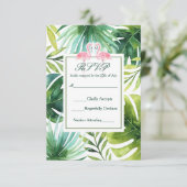 Tropische Blätter & Flamingos Sommer Hochzeit RSVP Karte (Stehend Vorderseite)