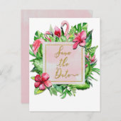 Tropische Blätter Flamingos Sommer Save the Date Ankündigungspostkarte (Vorne/Hinten)