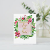 Tropische Blätter Flamingos Sommer Save the Date Ankündigungspostkarte (Stehend Vorderseite)