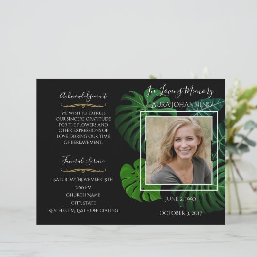 Tropische Blätter Foto Beerdigung Programm (Stehend Vorderseite)