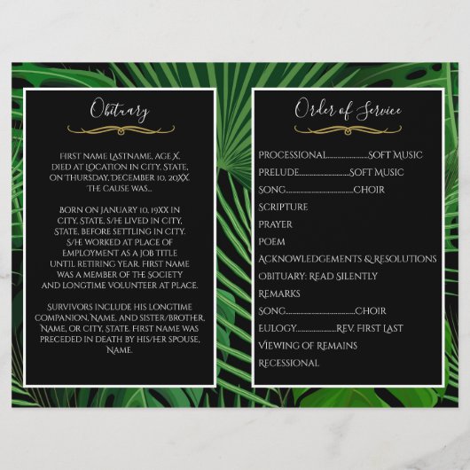 Tropische Blätter Foto Beerdigung Programm (Rückseite)