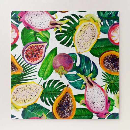 Tropische Blätter, Früchte, gouache nahtlos. Puzzle (Horizontal)