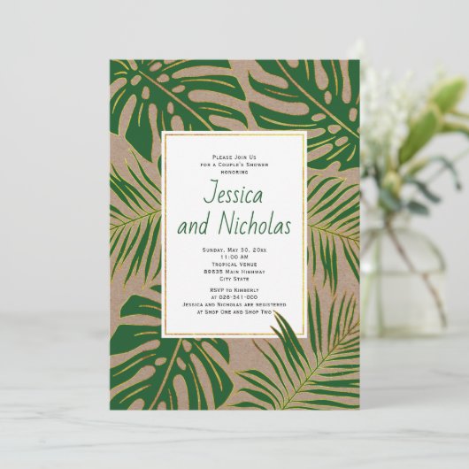 Tropische Blätter für Hochzeitspaare mit Kraftpapi Einladung (Stehend Vorderseite)